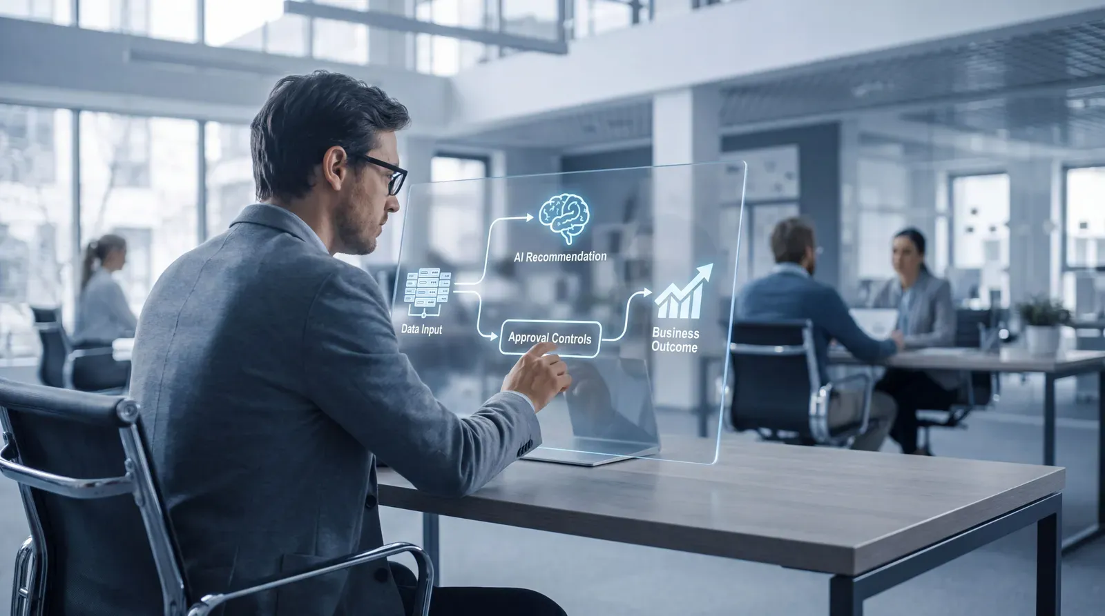 Human reviewer inspecting an auditable enterprise AI decision trail