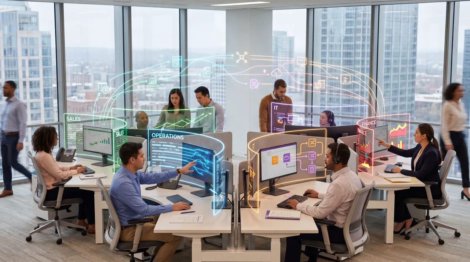 Teams connected through AI-enabled workflow paths across departments