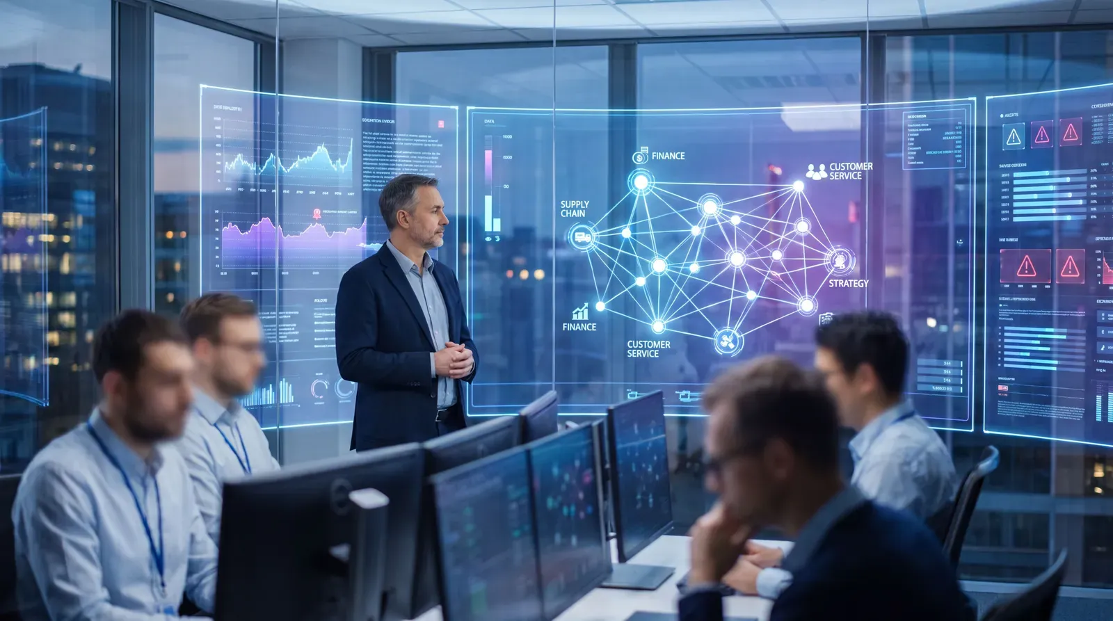 Executive observing connected AI agent workflows across business functions