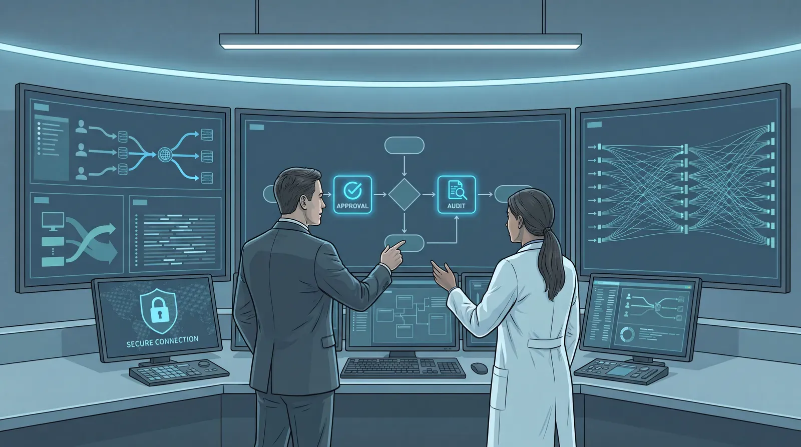 Clinician and operations leader supervising controlled AI actions