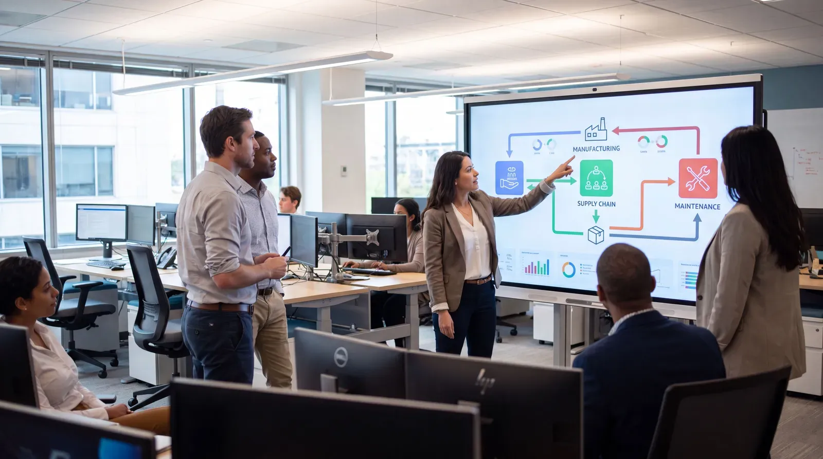 Leadership team mapping AI workflows for operational change