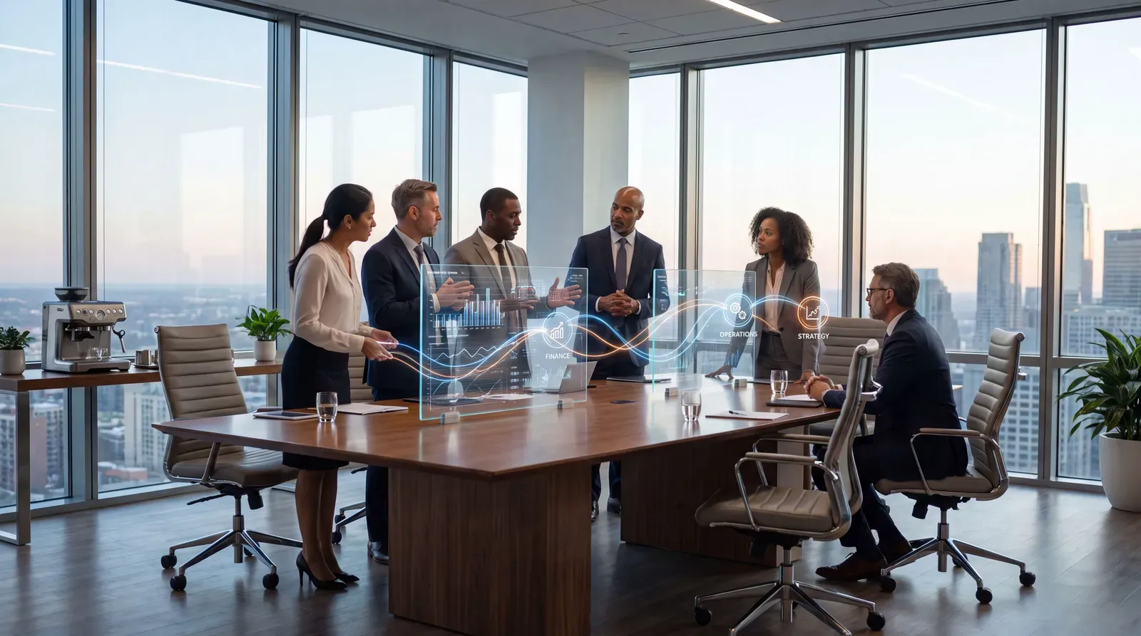 Executives reviewing autonomous AI agent workflows in a modern boardroom