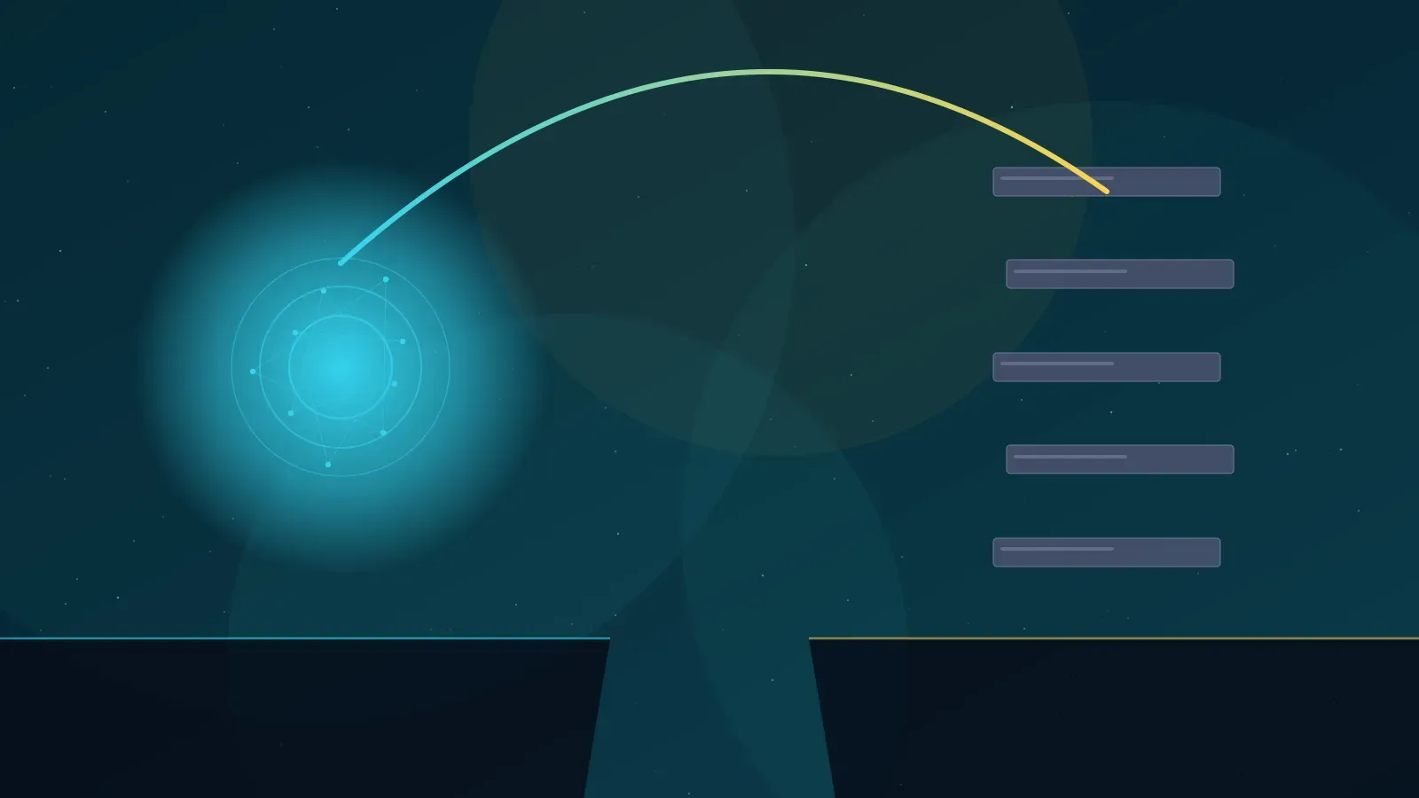 Diagram of the AI implementation gap: AI adoption shown as a glowing blue core and business impact as a grey legacy stack on opposite sides of a chasm, connected by a gold bridge. Epoqx.