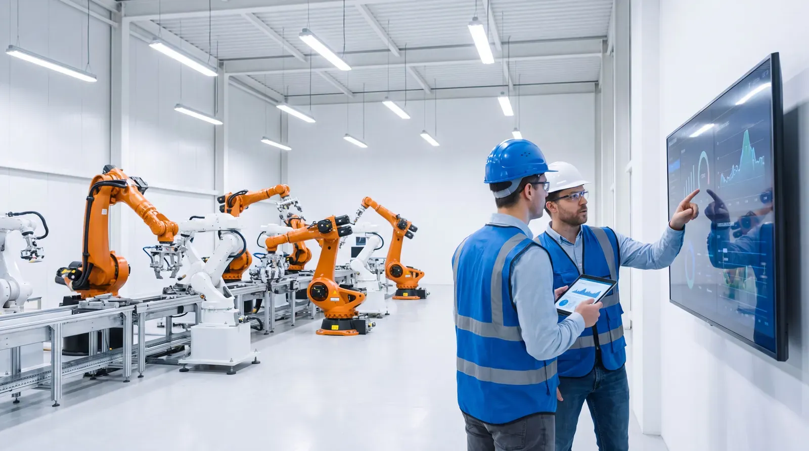 Engineers using AI insights on a modern manufacturing floor