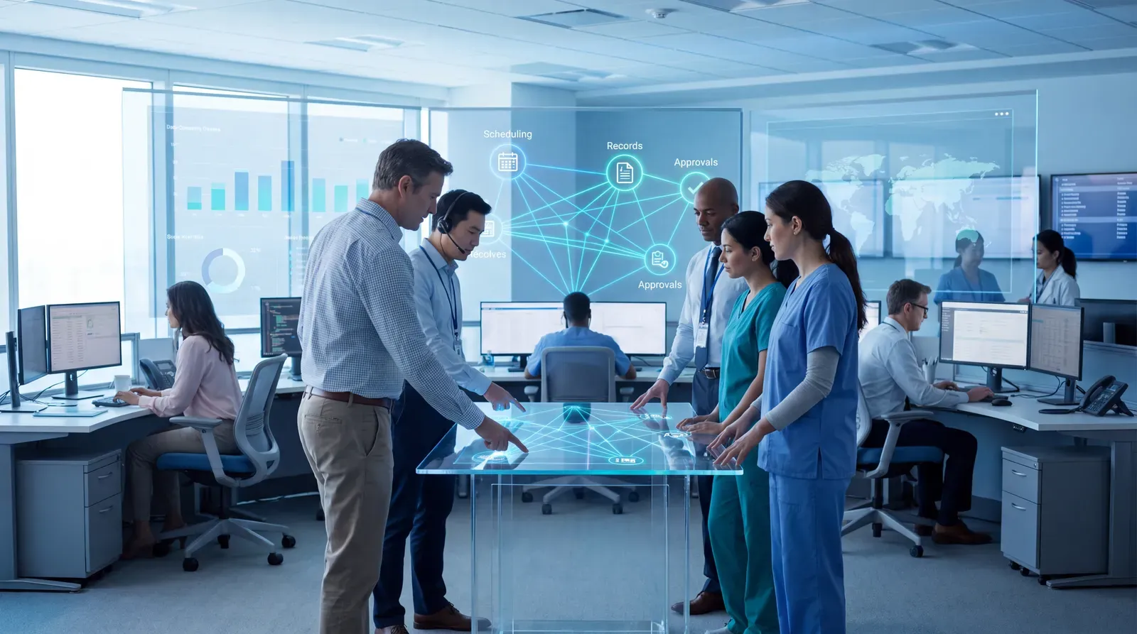 Healthcare leaders supervising an agentic AI workflow across clinical systems
