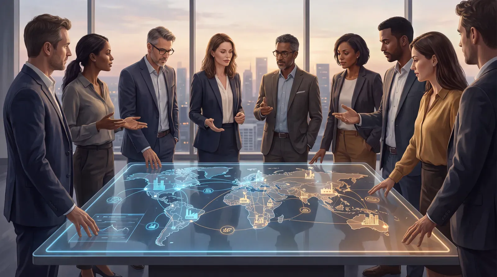 Global business leaders reviewing an interconnected enterprise AI transformation map