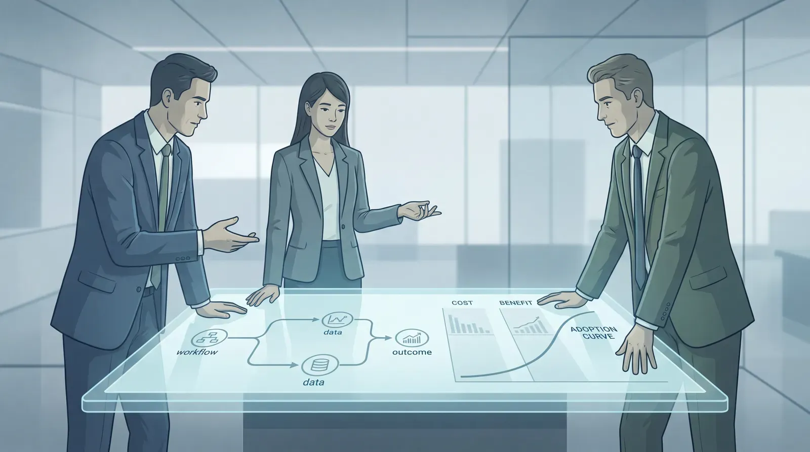 Business leaders comparing AI project costs, benefits, adoption and risk on a financial model
