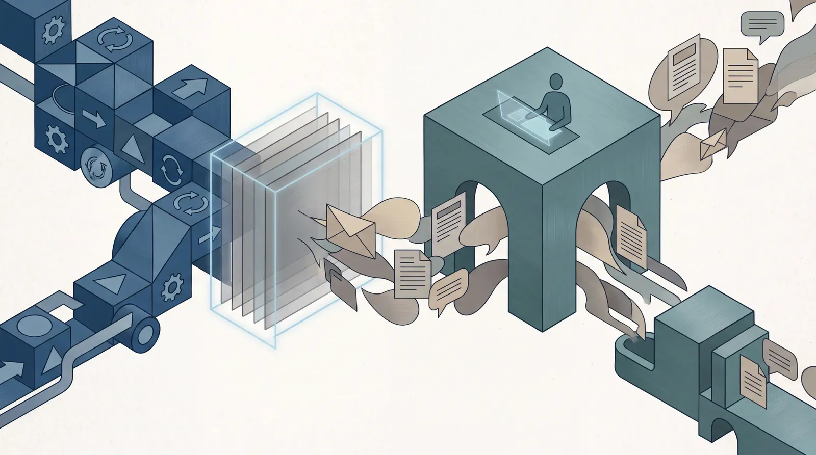 Rules-based and AI-powered workflow paths converge through validation gates into a shared business system.