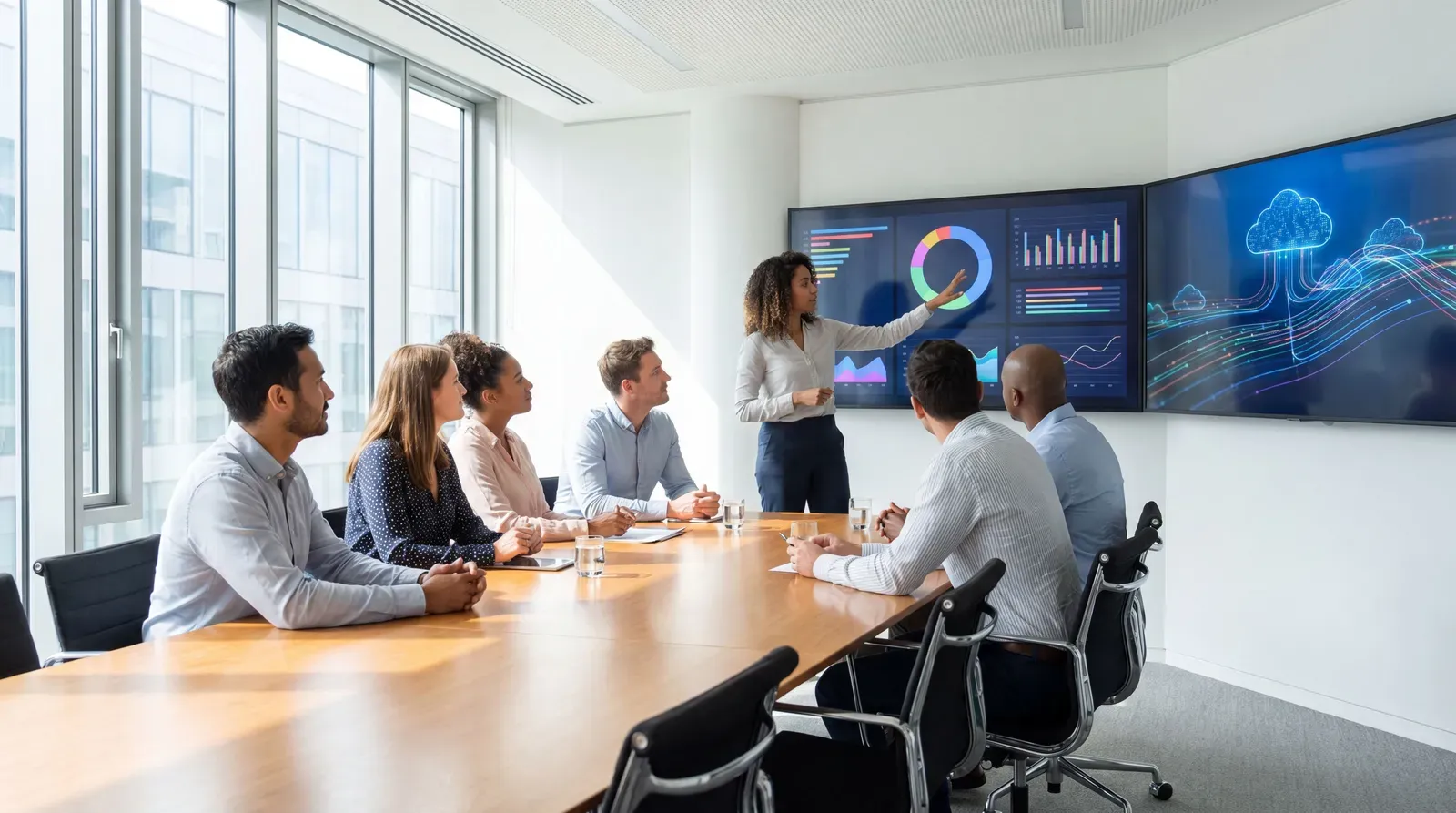 Technology leaders reviewing live application visibility dashboards during transformation