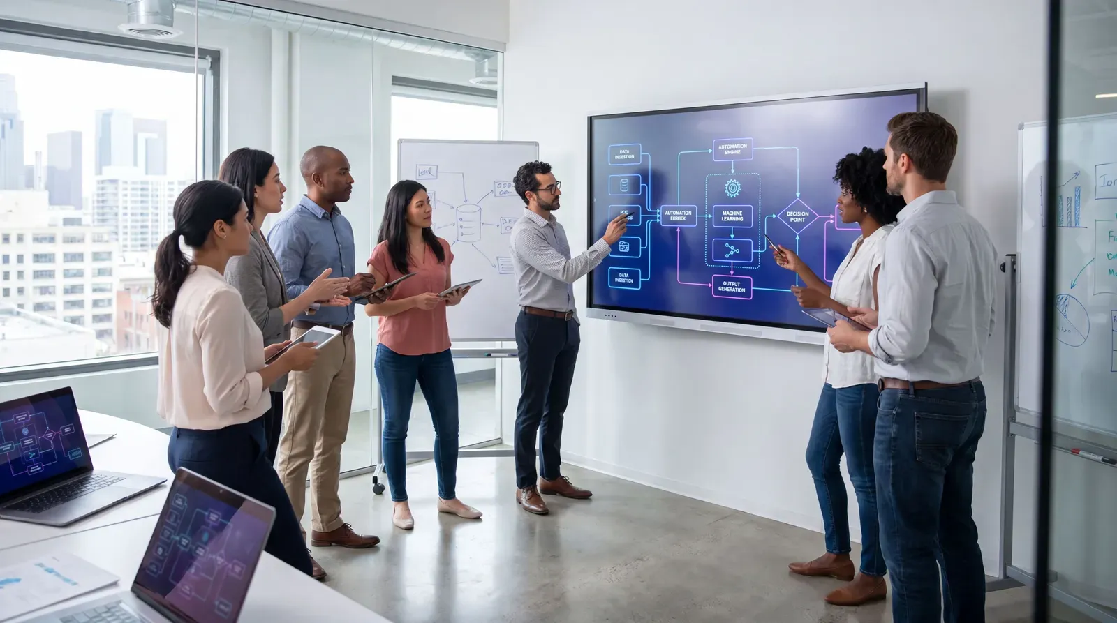 Business leaders reviewing AI workflow automation on digital dashboards