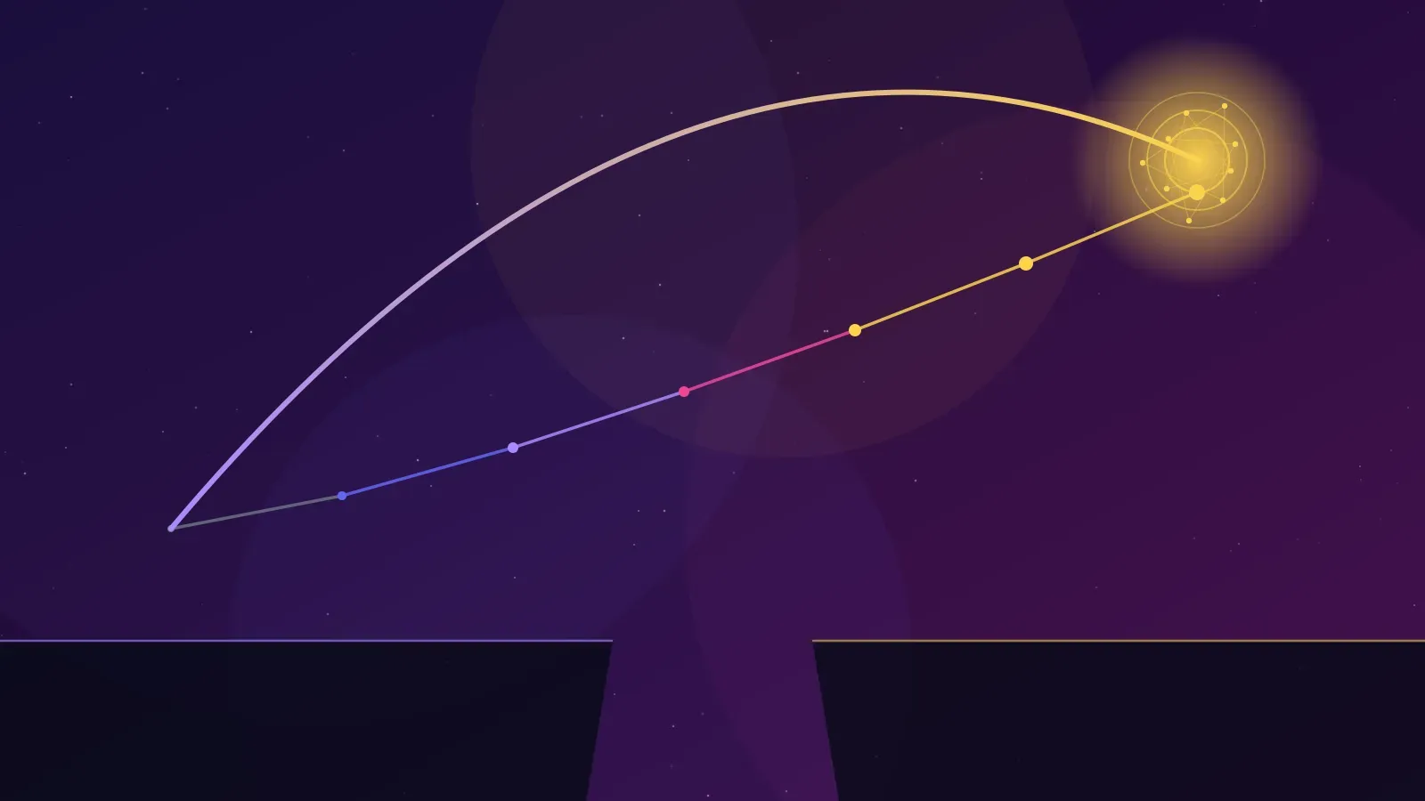 Digital transformation in 2026 shown as an ascending sequence of nodes rising from legacy grey through blue to gold, ending in an AI core — an epoch arc over a deep-space gap. Epoqx.