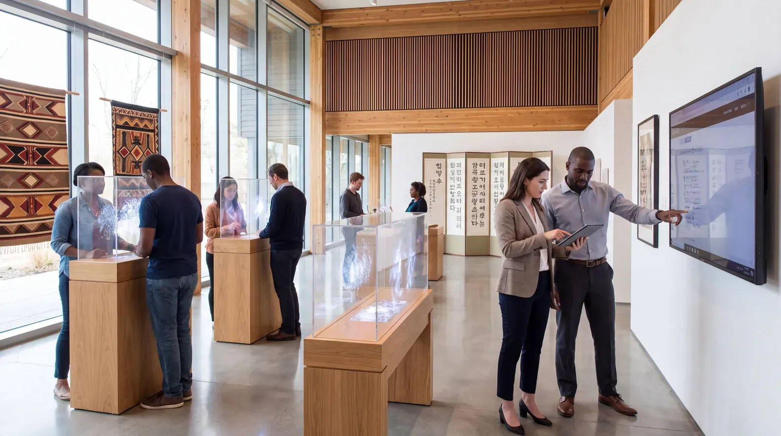 Visitors and curators using AI-enabled exhibits in a modern museum