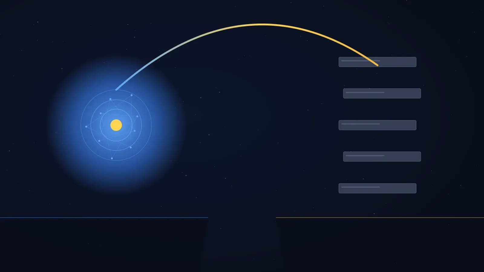 Epoqx illustration of the AI implementation gap: a glowing blue AI core on one cliff and a grey stack of legacy business processes on the other, joined by a gold arc bridging the chasm.