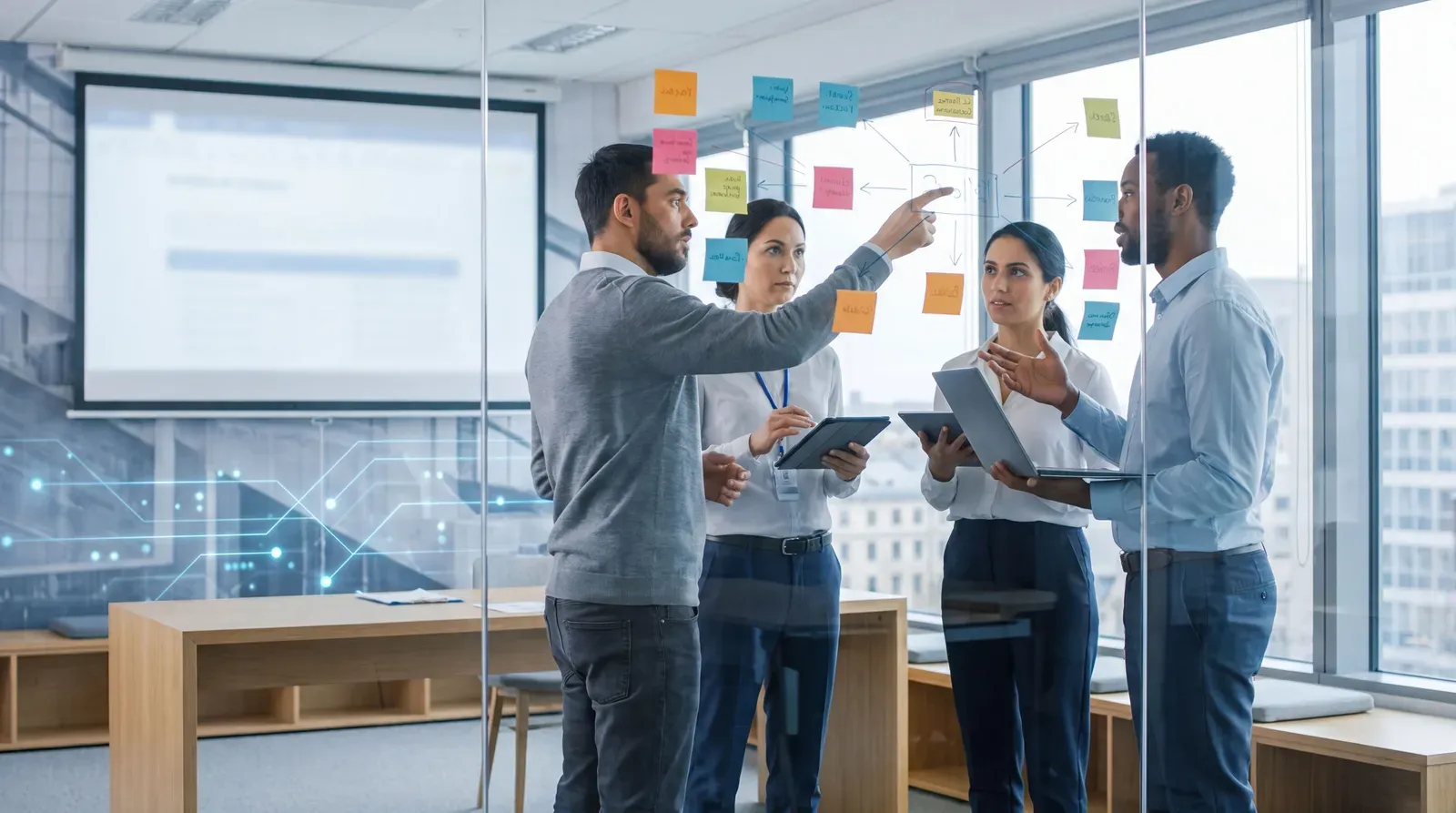 Operations team mapping a business workflow for AI transformation