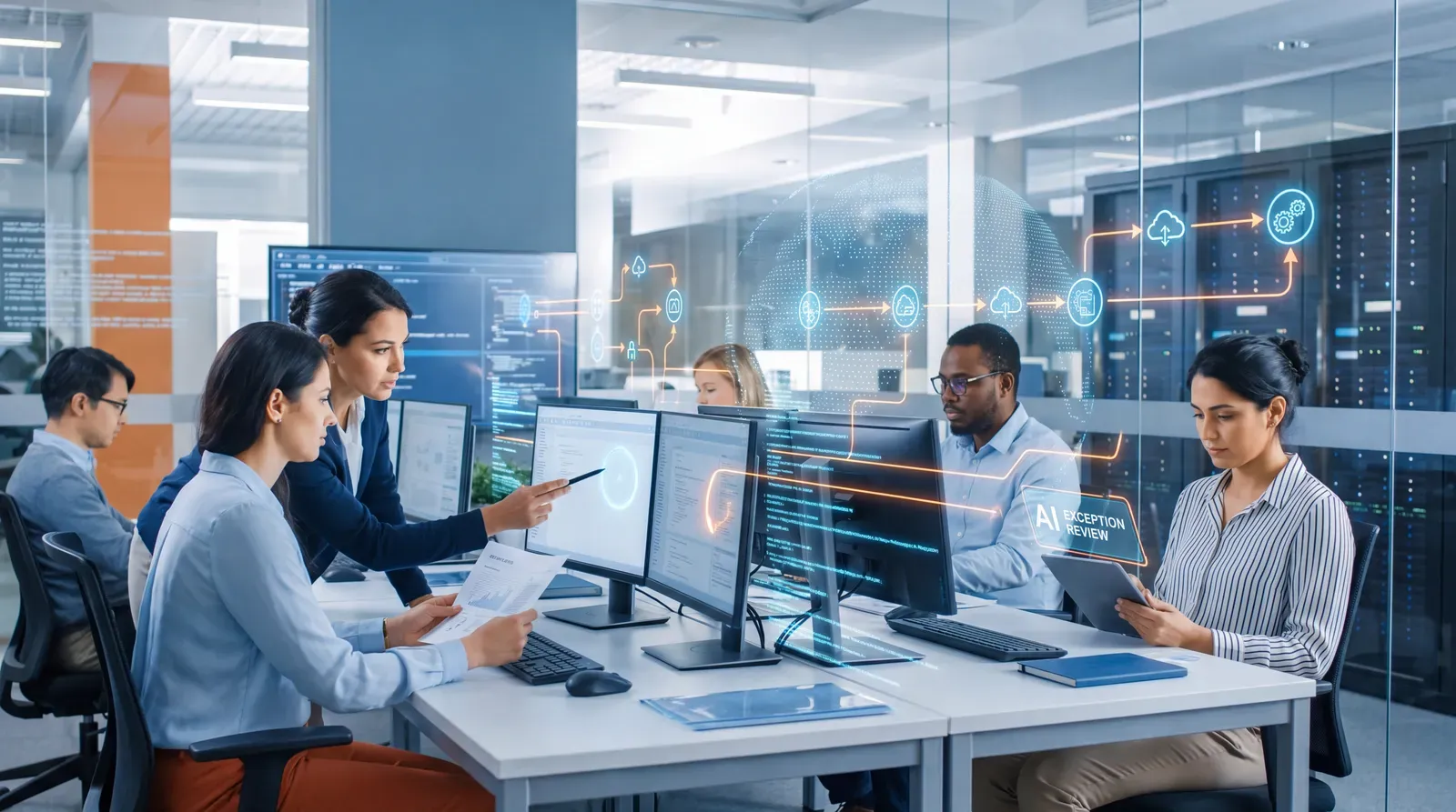 Human operators supervising AI across interconnected business workflows